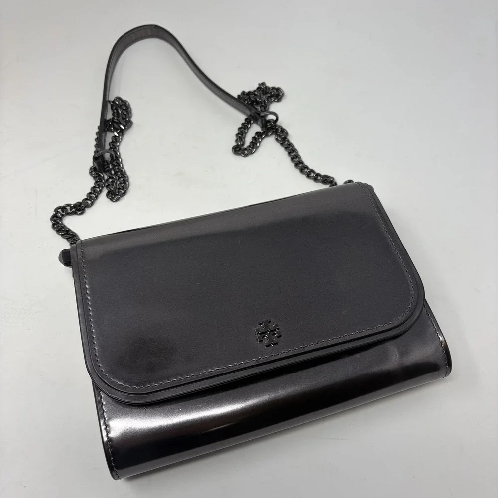 Tory Burch Emerson‎ Patent Chain Wallet Gunmetal Metallic Crossbody